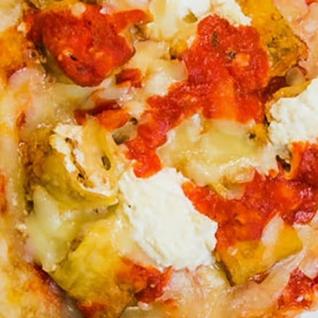 Eggplant Traditional Round Neopolitan Pizza.