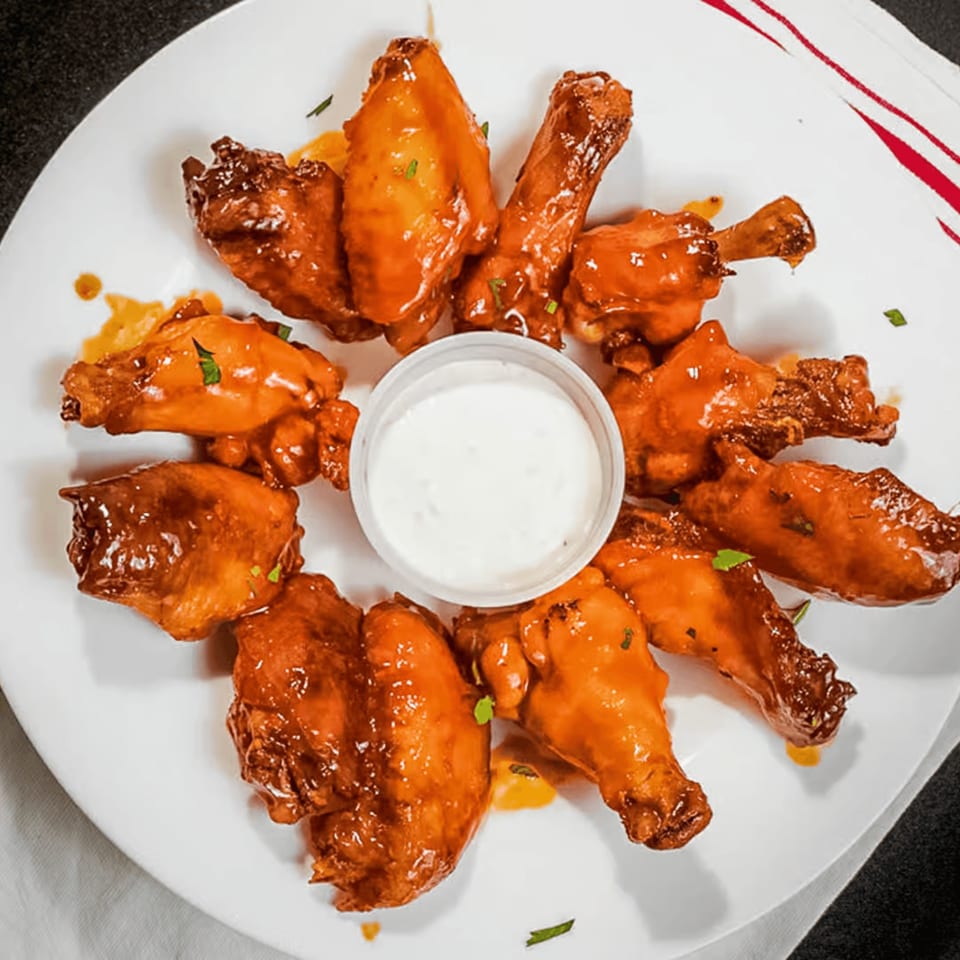 A white plate of saucy chicken wings arranged around a small cup of ranch dressing.